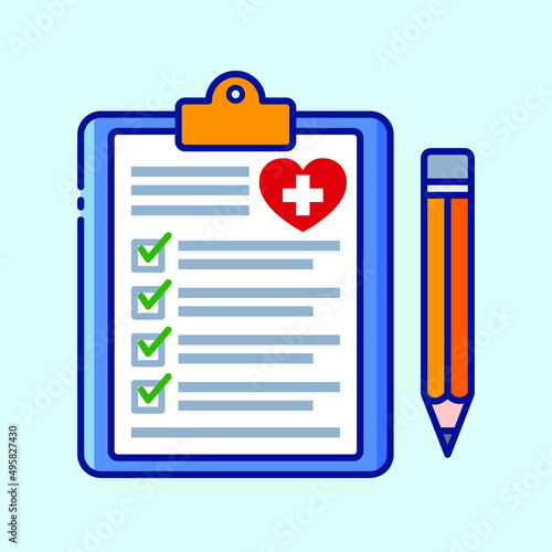 Form of doctor report. Health insurance concept. Clinical clipboard with pencil colored icon. Collection of vector illustrations on the theme of medical tools, drugs and healthcare diagnostics.
