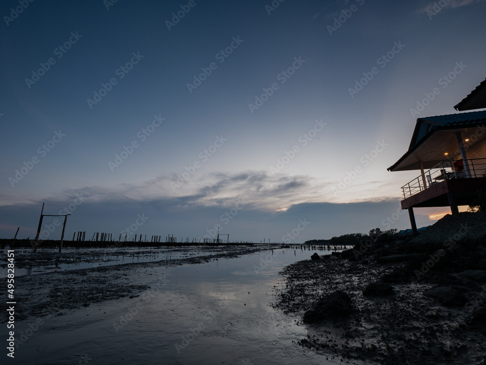 Take a photo on twilight time at Red Boardwalk Bridge Samut Sakhon province Thailand..