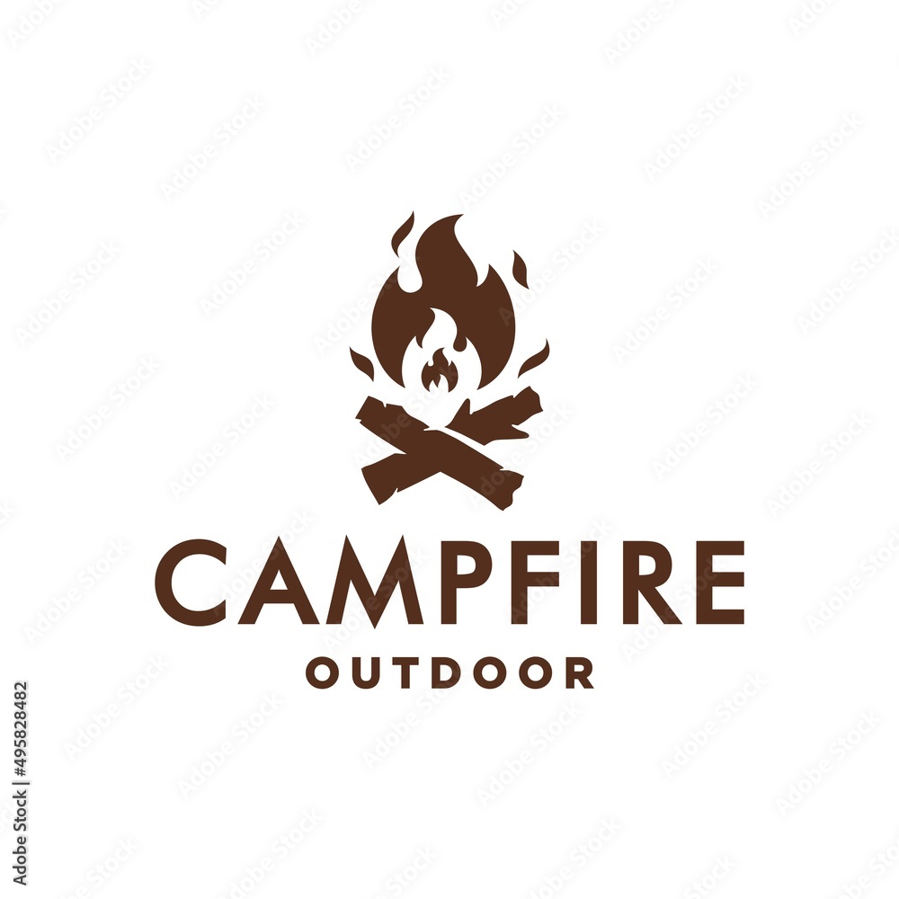 Obraz premium vintage bonfire Campfire logo badge label vector illustration on white background. Crossed logs of wood and fire flame Classic badge design 