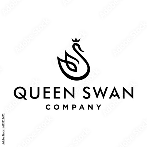 swan logo with simple crown,goose or duck icon design vector in trendy and abstract luxury line outline style 