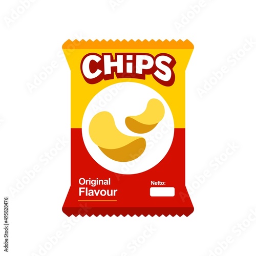 snack chips bag plastic packaging design illustration icon for food and beverage business, potato snack branding element logo vector. 