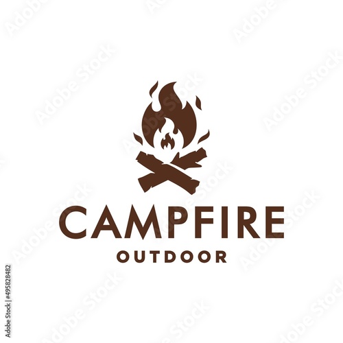 vintage bonfire Campfire logo badge label vector illustration on white background. Crossed logs of wood and fire flame Classic badge design 
