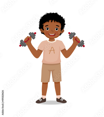 cute little African boy doing sport training exercise with dumbbells