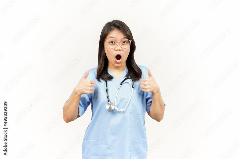 Showing Thumbs Up Of Asian Young Doctor Isolated On White Background Showing Thumbs Up Of Asian Young Doctor Isolated On White Background