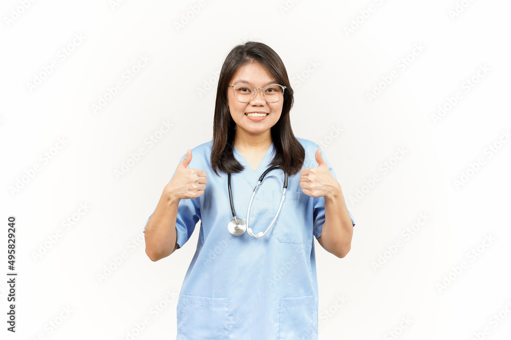 Showing Thumbs Up Of Asian Young Doctor Isolated On White Background Showing Thumbs Up Of Asian Young Doctor Isolated On White Background