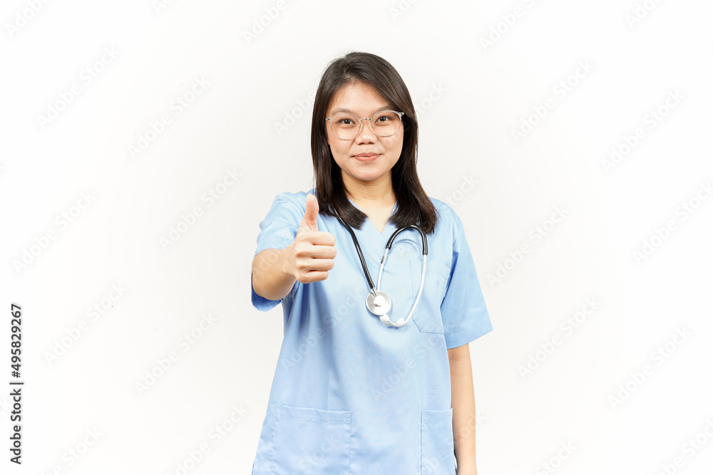 Showing Thumbs Up Of Asian Young Doctor Isolated On White Background Showing Thumbs Up Of Asian Young Doctor Isolated On White Background