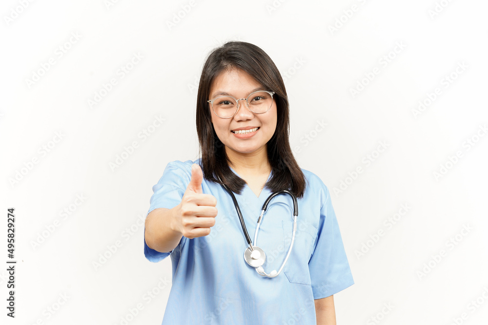 Showing Thumbs Up Of Asian Young Doctor Isolated On White Background Showing Thumbs Up Of Asian Young Doctor Isolated On White Background