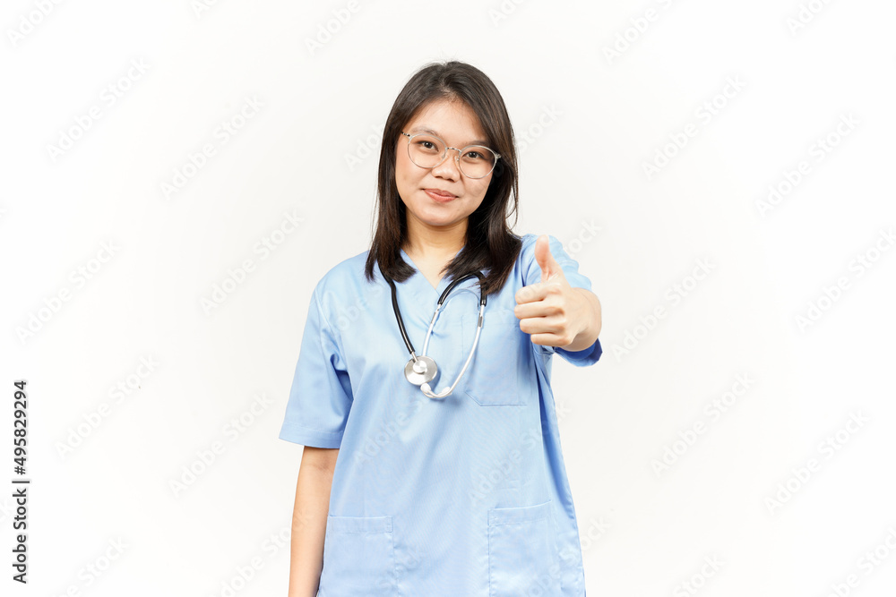 Showing Thumbs Up Of Asian Young Doctor Isolated On White Background Showing Thumbs Up Of Asian Young Doctor Isolated On White Background