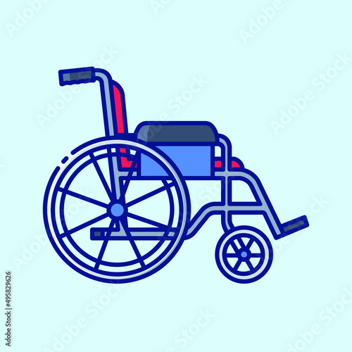 Wheelchair color icon on light blue background. Medical equipment to make life easier for the disabled. Collection of vector icons on the theme of medical tools, drugs and healthcare diagnostics.