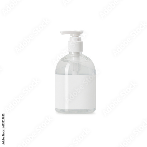 Clear hand sanitizer in a clear pump bottle mockup isolated on white background with clipping path.