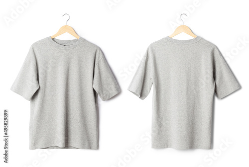 Gray oversize T shirt mockup hanging isolated on white background with clipping path.
