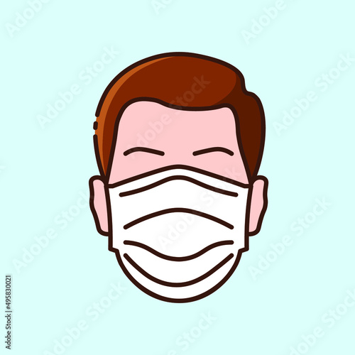 Man's face in a medical mask colored icon on light blue background. Prevention of infectious diseases. Collection of stylish icons on the theme of medical tools, drugs and healthcare diagnostics. 