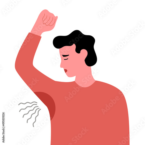 Terrible smell armpit concept vector illustration on white background. Man has bad smell and sweaty underarm. Bad body odor problem.