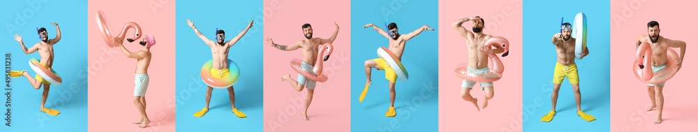 Set of man with inflatable ring on color background Set of man with inflatable ring on color background