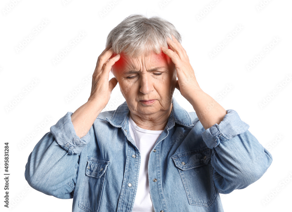 Stressed senior woman suffering from headache isolated on white Stressed senior woman suffering from headache isolated on white