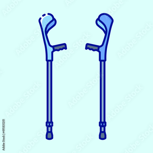 Telescopic metal elbow crutches icon on blue background. Medical equipment to make life easier for the disabled. Collection of color icons on the theme of medical tools and healthcare diagnostics.