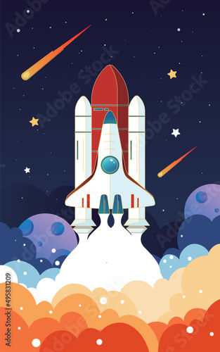 Aerospace spaceship ready to take off, world space day, vector illustration