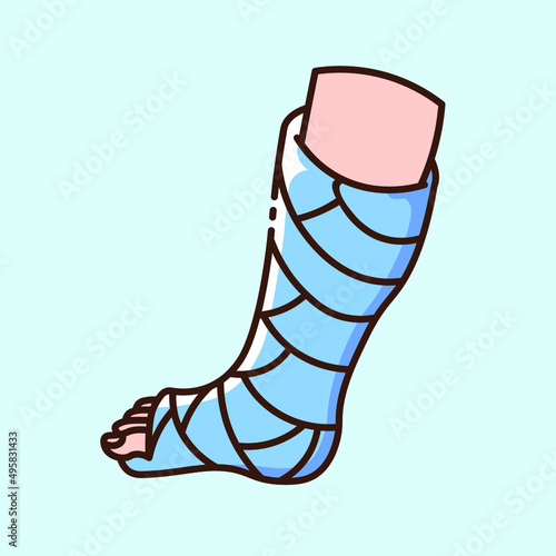 Orthopedic plaster cast on a broken leg on blue background. Medical equipment to make life easier for the disabled. Collection of icons on the theme of medical tools and healthcare diagnostics.