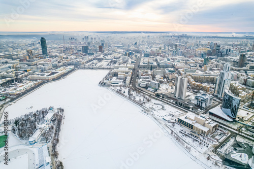 Yekaterinburg aerial panoramic view at Winter in cloudy day. Ekaterinburg is the fourth largest city in Russia located in the Eurasian continent on the border of Europe and Asia.