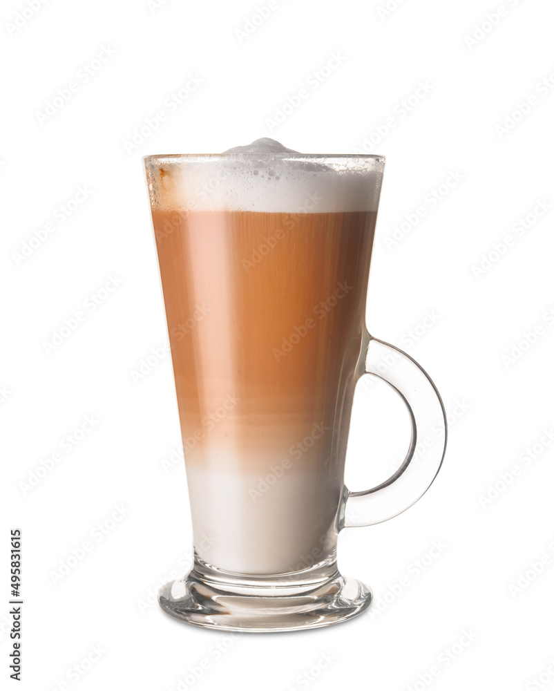 Glass cup of tasty latte on white background Glass cup of tasty latte on white background