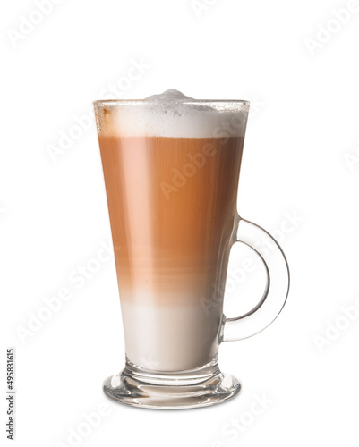 Glass cup of tasty latte on white background