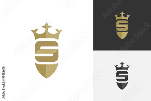 luxury elegant gold letter s shield with crown logo design
