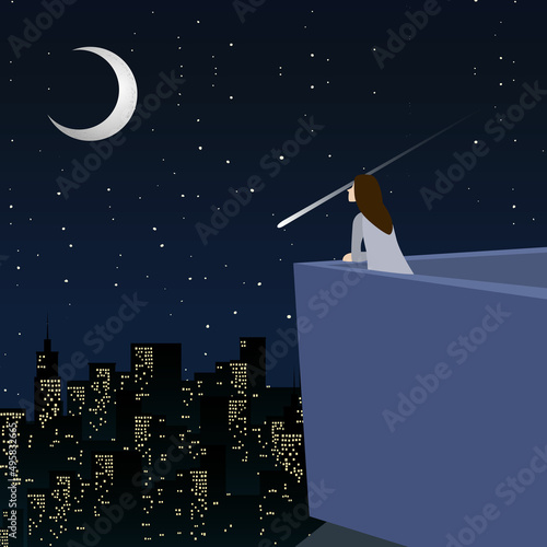 a woman in the city with moon and stars