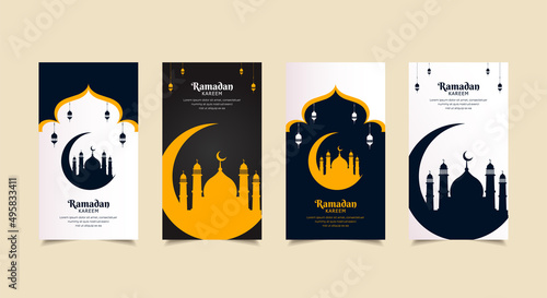 Modern Ramadhan kareem design Stories Collection. Ramadhan kareem template stories suitable for promotion, marketing etc. simple and clean ramadan kareem background with crescent moon and mosque 