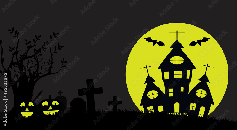 Happy Halloween with the tree, haunted house, pumpkin, full moon scene vector illustration.