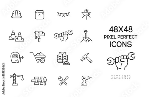 Labor day celebration and workers unity icons. Construction hat, bbq, hammer and other. Pixel perfect, editable stroke 48x48 icons