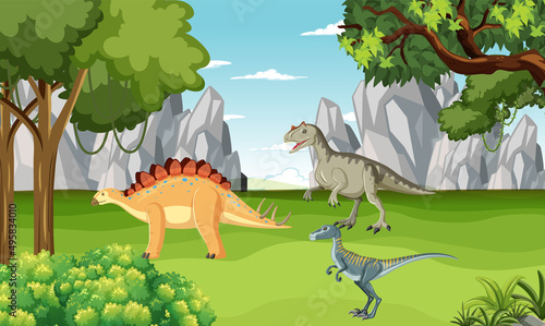 Prehistoric forest with dinosaur cartoon