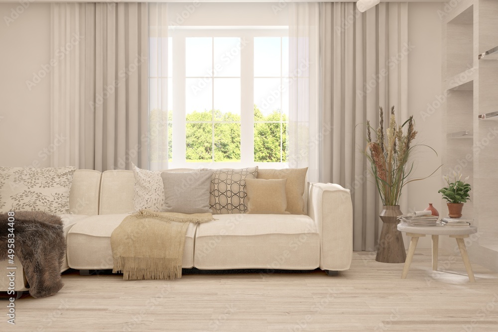 White living room with sofa and summer landscape in window. Scandinavian interior design. 3D illustration White living room with sofa and summer landscape in window. Scandinavian interior design. 3D illustration