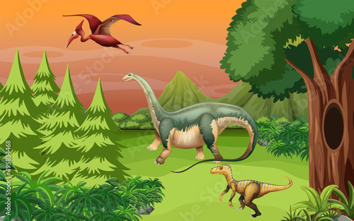 Nature scene with trees on mountains with dinosaur