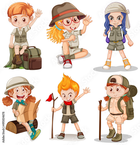 Set of young people doing different actions