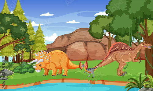 Scene with dinosaurs in the forest