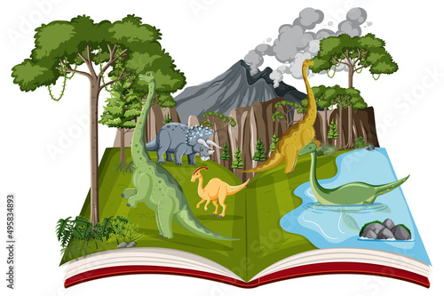 Book with scene of dinosaurus in forest