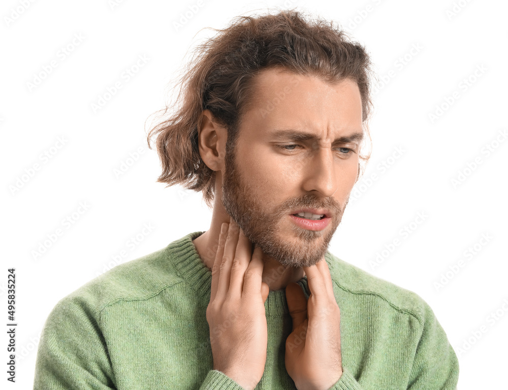 Ill man with sore throat on white background Ill man with sore throat on white background