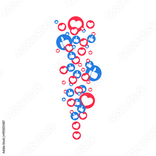 Likes hearts and thumbs flying up for stories and live streams. Like and thumbs icons for social media ui. Vector illlustration isolated in white background