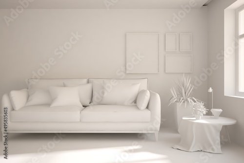 Mock up of minimalist living room in white color with sofa. Scandinavian interior design. 3D illustration