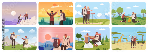 Tourist couple in outdoor travel adventure set vector illustration. Cartoon hiker characters trekking in scenic nature landscape, climbing on mountain top, hiking with backpacks. Tourism concept © Flash concept