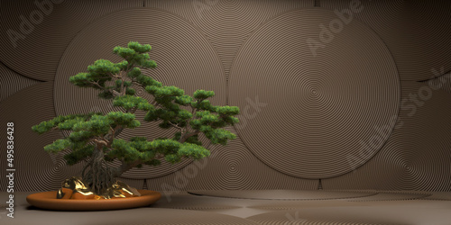 bonsai tree and gold stone on a  brown background. 3d rendering photo