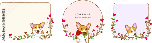 Frame with  Cartoon corgi dog holding red rose flower in mouth, Lovely dog in love on valentines day gives gift illustration Frame