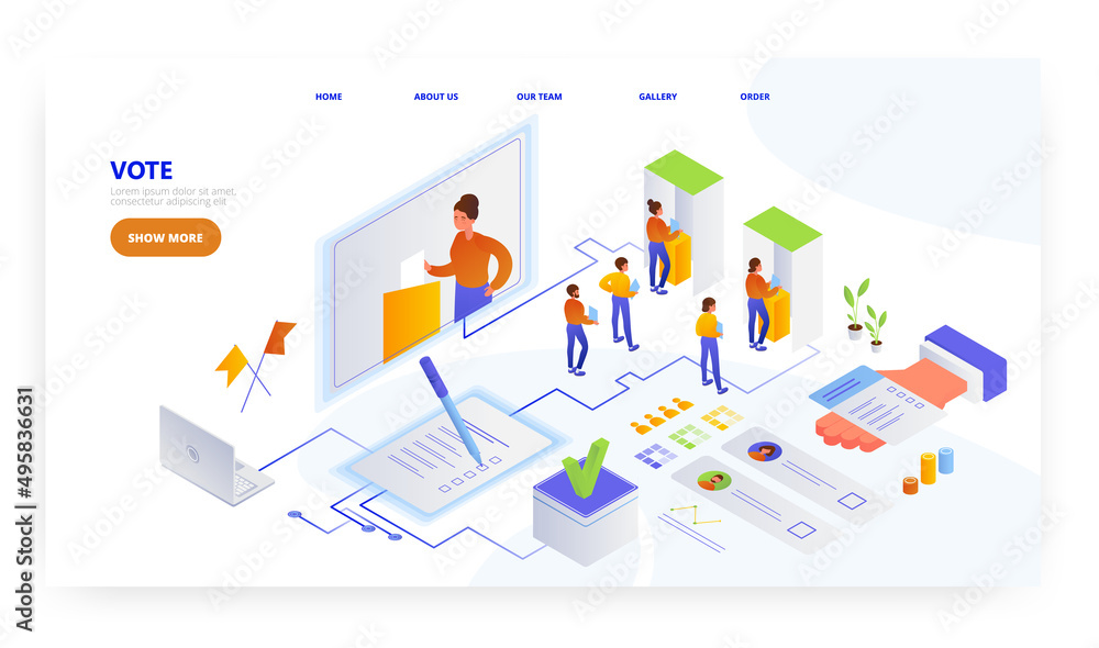 Vote, landing page design, website banner vector template. Voters choosing candidate. Election day. Polling station. Vote, landing page design, website banner vector template. Voters choosing candidate. Election day. Polling station.