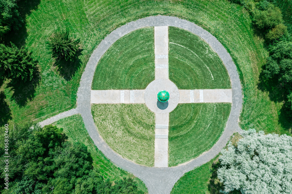 aerial top view of the round square in a green summer park. aerial photography.