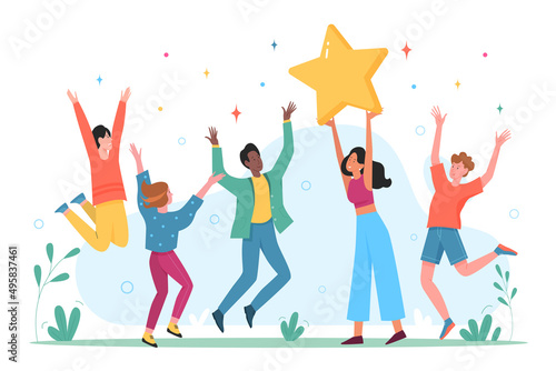 Happy people celebrate success achievement with joy. Fun group of adult friends or collegues win, persons jump with star together on informal party flat vector illustration. Goal, friendship concept photo