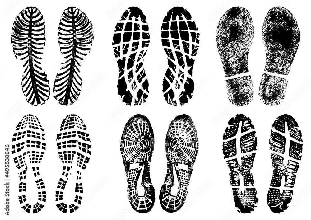 Set of scanned and converted into vector images double footprints stamped with black ink Set of scanned and converted into vector images double footprints stamped with black ink