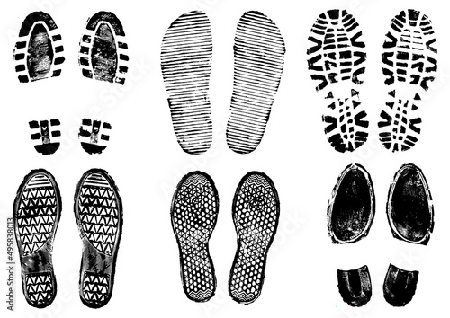 Set of scanned and converted into vector images double footprints stamped with black ink