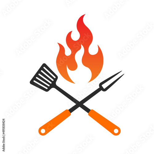 BBQ logo vector illustration with burning flame barbecue fork and spatula Flat design style Icon