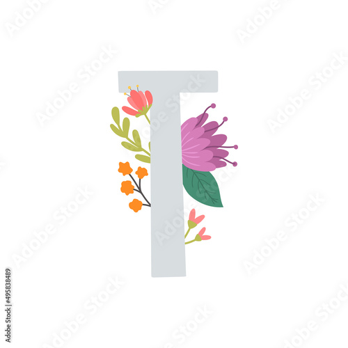 vector image of letter t and flowers