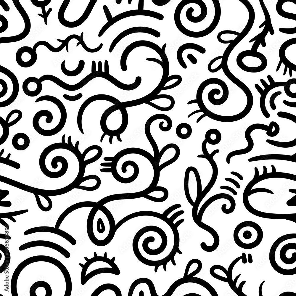 Seamless pattern with different plants on white background. Vector print with herbs. Cartoon doodle forest. Seamless pattern with different plants on white background. Vector print with herbs. Cartoon doodle forest.